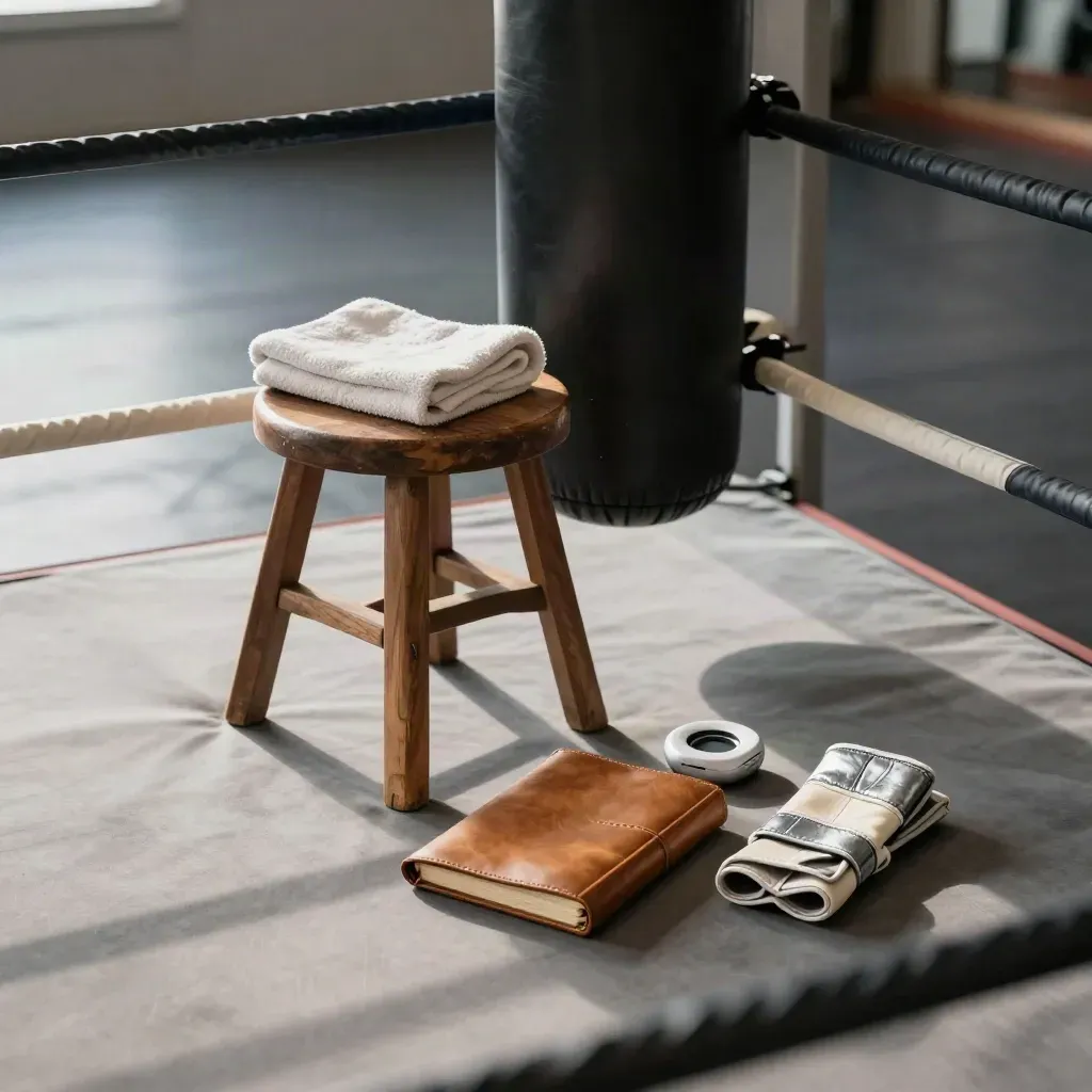 Quiet boxing ring corner with stool, towel, journal, timer, and hanging wraps in soft daylight.