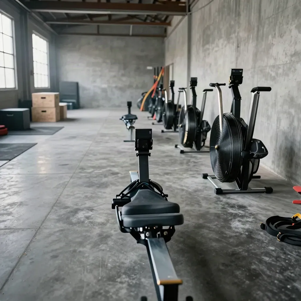 Warehouse endurance bay with rower, assault bike, sled track and plyo boxes in misty daylight.