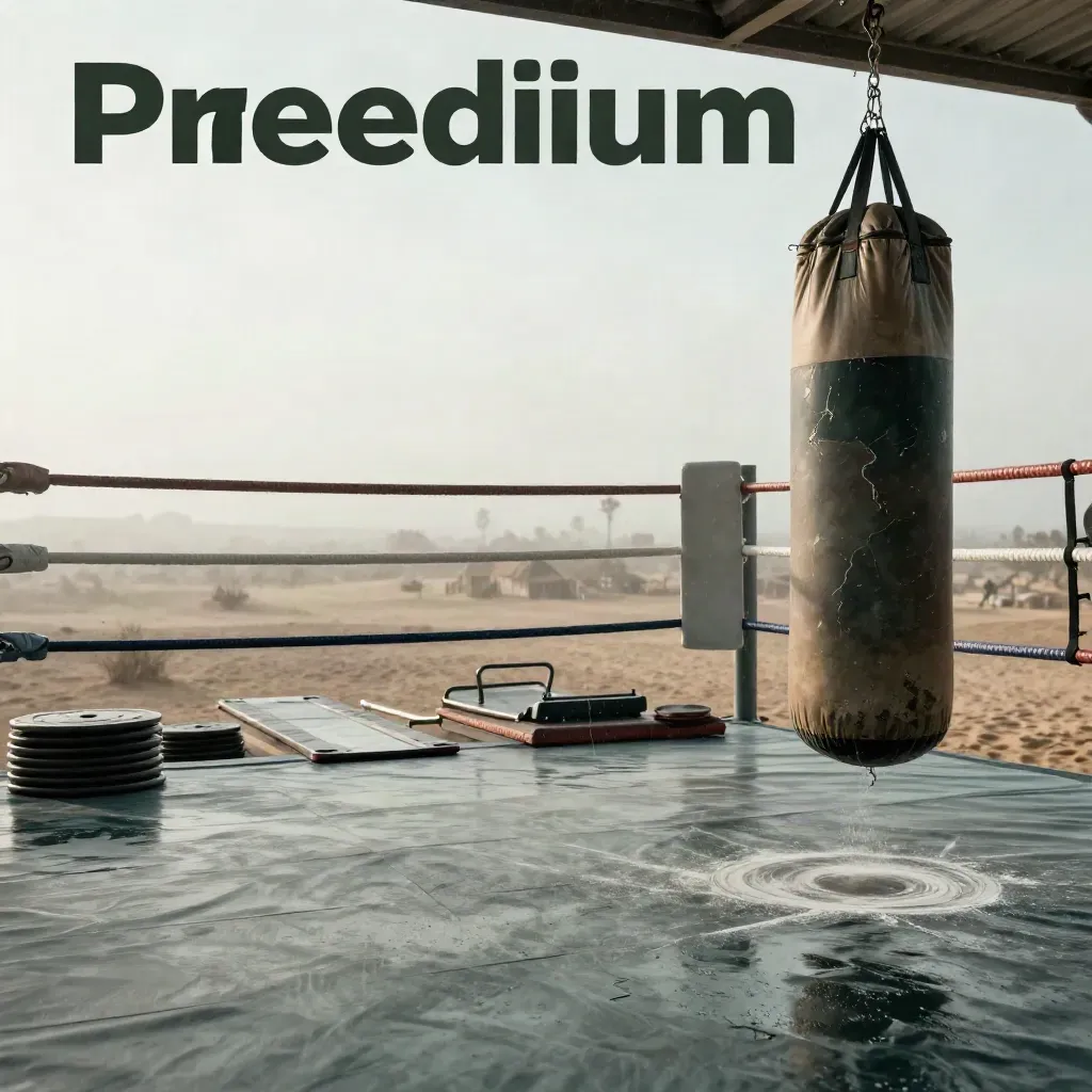 Empty fight-training arena at dawn with heavy bag, ring ropes, plates and monsoon mist.