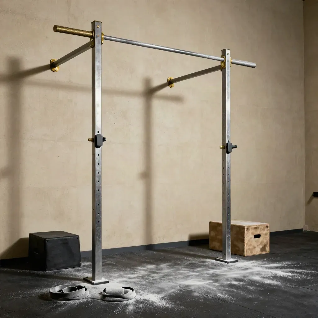 Low-angle pull-up bar, chalked mat, step box and loose band in a gritty gym