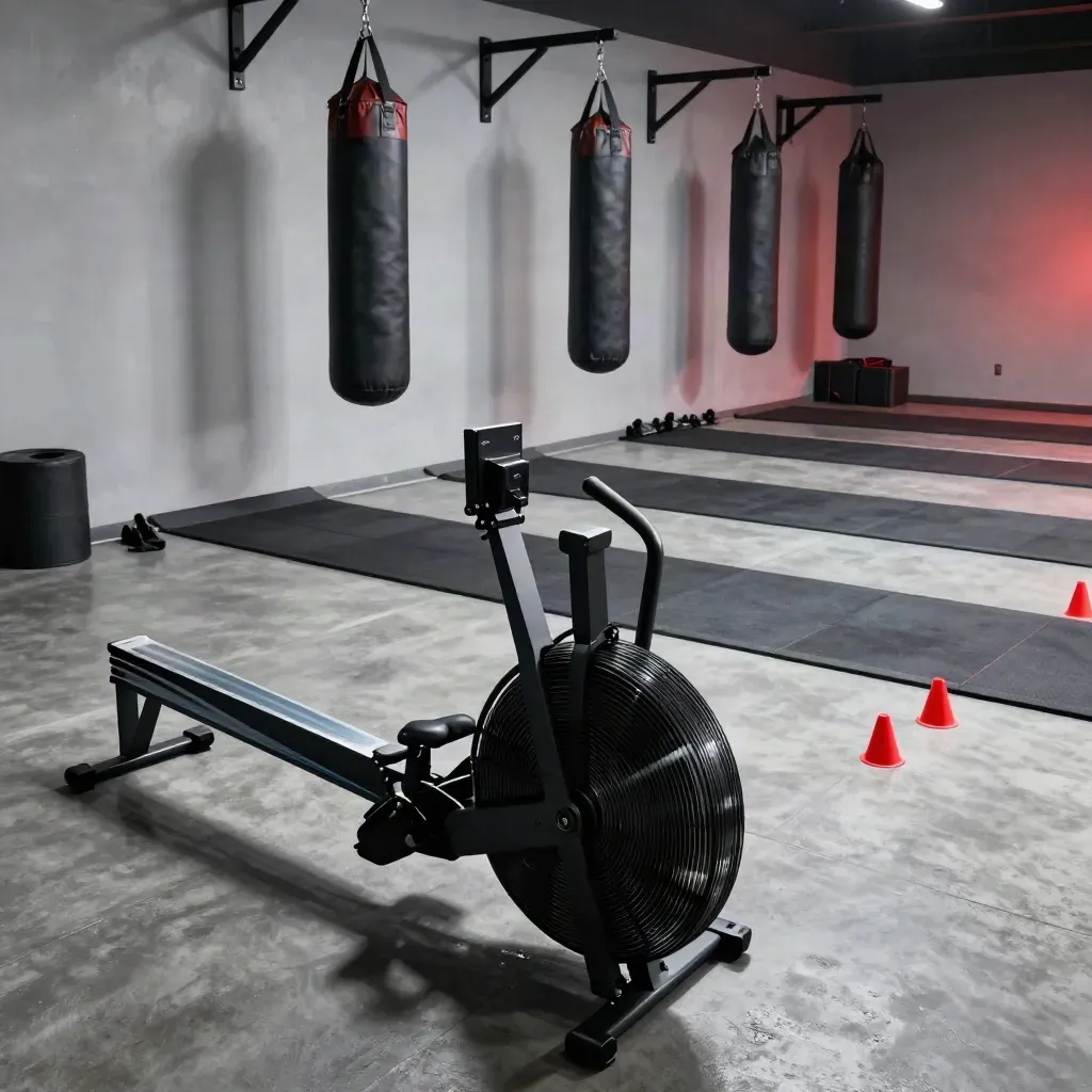 Empty MMA conditioning bay with assault bike, rower, cones, and hanging bag in misty low light.