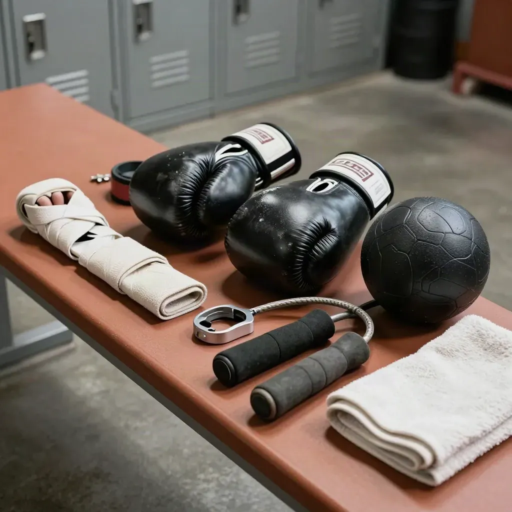 Macro of gloves, wraps, rope and recovery gear arranged on a locker bench.