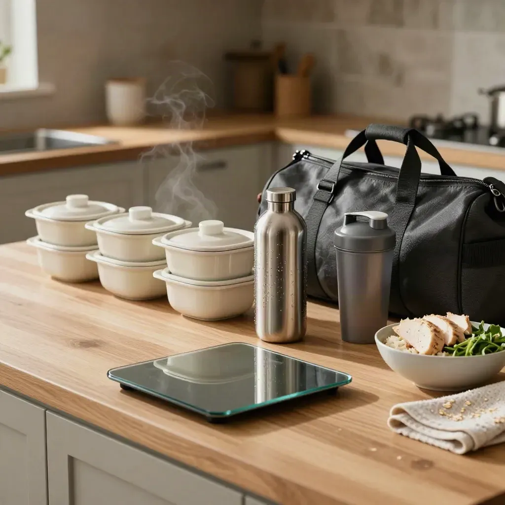 Meal-prep containers, electrolyte bottle, scale, and gym bag on a warm kitchen counter.