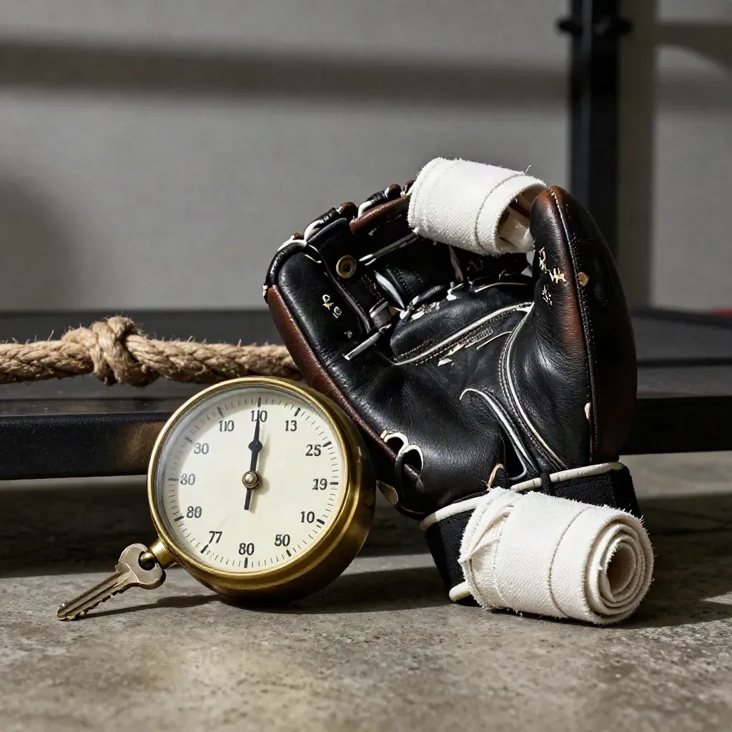 Brass timer, focus mitt, hand wraps, and ring-rope knot on a dark boxing shelf.