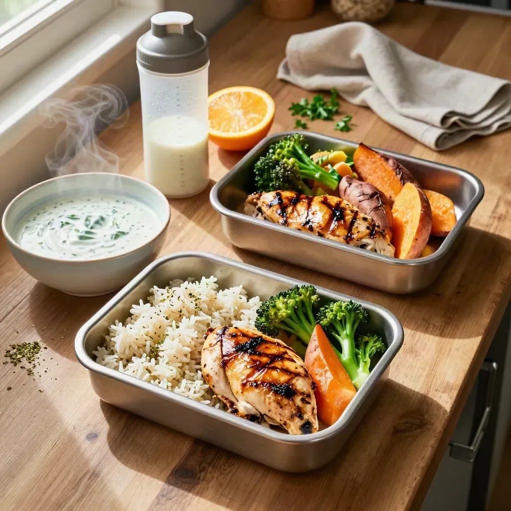 Meal-prep trays, citrus, herbs and a shaker bottle on a prep counter