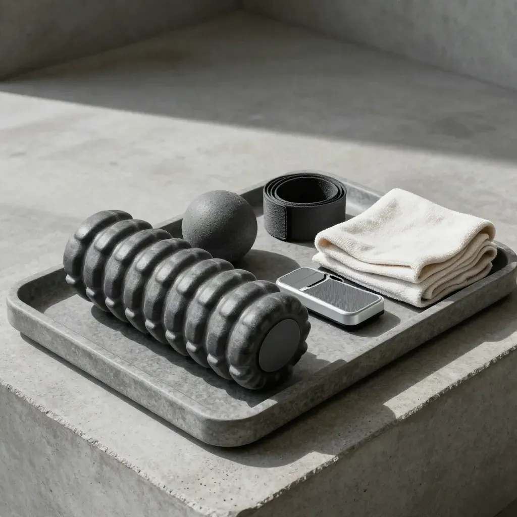 Foam roller, massage ball, scale edge, recovery band and cloth on a stone tray