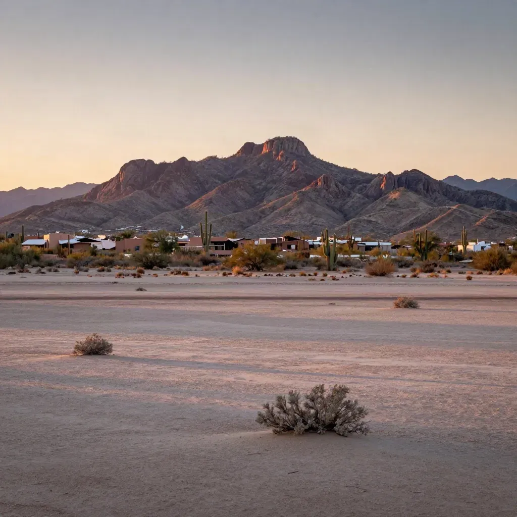 Cathedral foothills over Tucson at dusk with saguaro silhouettes and open desert foreground.