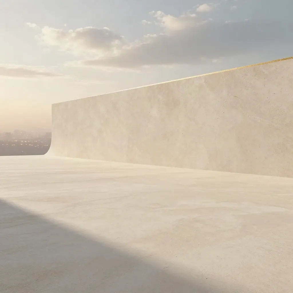 Pale stone horizon with mist, faint city-grid glow, and a calm open field of light.